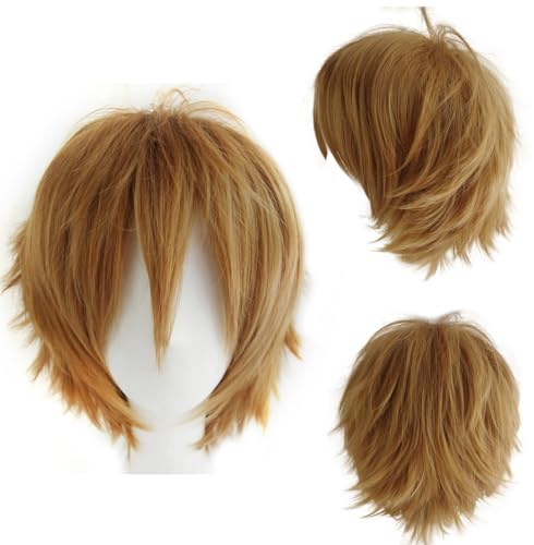 Dcbaboo Braune Perücke, kurz, lockig, Unisex, 30,5 cm, natürlich, flauschig, geschichtet, glattes Haar, Hellbraun