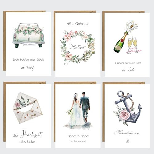 Hochzeitskarten 6er-Set mit Umschlag Karte Hochzeit A6 Glückwunsch Klappkarten zur Hochzeit Wedding Cards für Brautpartys, Verlobungsfeiern (Weiß)