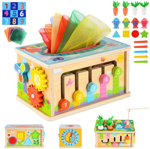 CHMMY Holzspielzeug Baby Set, 7 in 1 Baby Montessori Spielzeug Tissue Box Karotten für Kinder, Motorikwürfel Holzspielzeug 1 2 3 Jahre, Lernspielzeug Geschenk für Baby Kinder