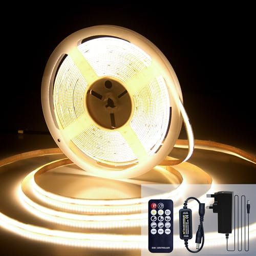 luktix COB LED Strip 10M, 3000K Warm White LED Strips, 24V Dimmable LED Strip Lights, CRI92+,8mm Width, with Remote Control and Power Supply,for Living Room, Kitchen, Mirror