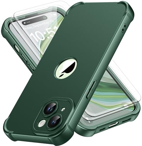 ORETECH Cover Compatibile con iPhone 15, Custodia iPhone 15 con [2 x Pellicola Protettiva Vetro Temperato] 360 Protezione Completa Ultra Sottile Hard PC TPU Silicone Antiurto Cover-Verde Alpino