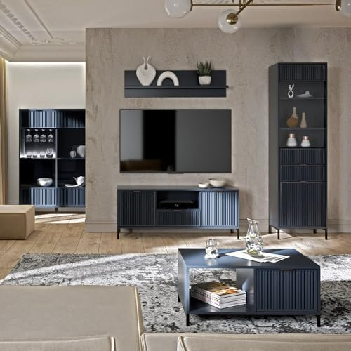 Lomadox Wohnzimmer Set Wohnwand Anbauwand Indigo blau modern 5-teilig Vitrine Wandregal Lowboard Highboard Couchtisch