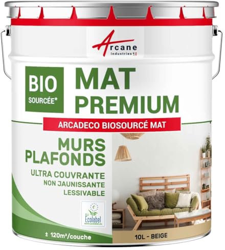 Peinture mat, mur et plafond, biosourcée - Peinture chambre, salon, pièces à vivre - 10 L (+ ou - 120m² par couche) Beige - RAL 1001 - ARCANE INDUSTRIES