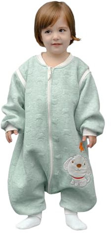 MIKAFEN Schläfsack Baby Langarm Winter kinderSchlafsack 2.0Tog,Hund Muster Baby Schlafsack mit Füßen Baumwolle Junge Mädchen Unisex ganzjahres Schlafanzug, Grüner Welpe,70/Baby Höhe 75-85cm