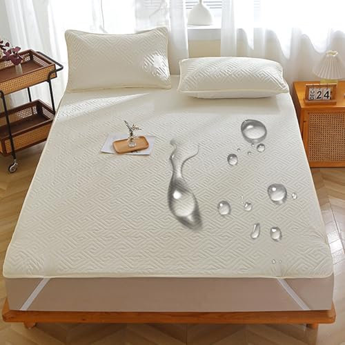 LDLCYCN Beige,180x220cm, Wasserdichter Matratzenschoner Für Queen-Size-Betten Mit 4-Ecken-Gummiband Gesteppte Matratzenauflage Weicher Bequemer Bodenmatratzenbezug Für Studentenwohnheime