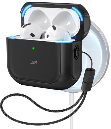 ESR für AirPods 4 Hülle, kompatibel mit AirPods 4 Gen (2024) (USB-C), Unterstützt kabelloses Laden, Schutzhülle mit Handschlaufe, Magnetischer Deckel, Orbit Hybrid Hülle, Schwarz