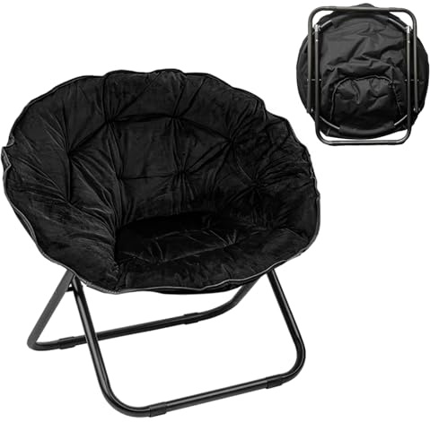 Folding Saucer Chair for Adult, Comfy Padded Moon Chairs with Faux Fur, Round Portable Lounge Chair with Metal Frame, Reading Relaxing Lightweight Seat for Bedroom Living Room Dorm (Black, 1 Pack)
