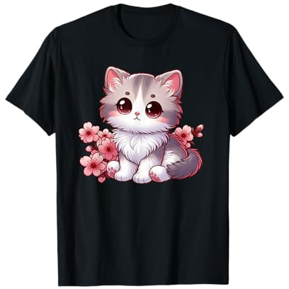 Chat mignon avec fleurs de cerisier dessin animé dessin animé T-Shirt