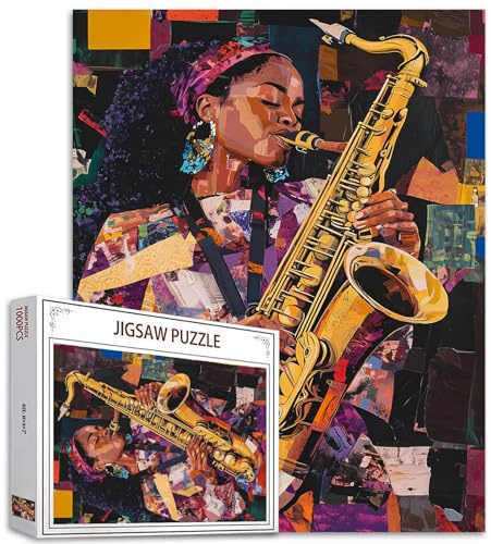 Rock and Roll Woman 1000 Piece Jigsaw Puzzles für Erwachsene Jazz Musician Painting Jigsaw Puzzle Africa Black Girl 1000 Pieces Puzzles Game Cool Girl Playing Saxophone Wall Decor DIY Craft Puzzle Art