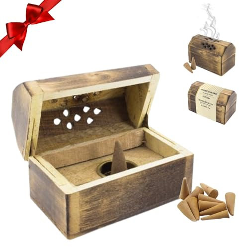 LiveLaif® – Scatola per cassapanca in legno con 10 coni incensi | Porta incenso rustico con coni di incenso vaniglia | ideale per decorazione zen, relax e incenso yoga (caglia-legno)