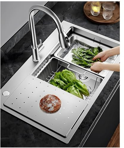 Fregadero De Cocina De Acero Inoxidable Plateado, Con Escurridor, Tubo De Drenaje, Tabla De Cortar, Fregadero Grande De Una Sola Cubeta Para Cocina, Fregadero Para Lavavajillas(80x50x22cm)