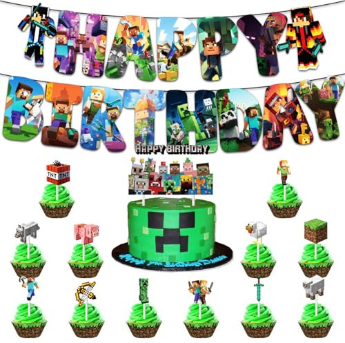 Cake Decoration, Pixel Cake Topper, Miner Game Cupcake Toppers, Video Game Cake Decoration Birthday, Miner Game Happy Birthday Banner for Boys Birthday Party Decoration Supplies, Pack of 14
