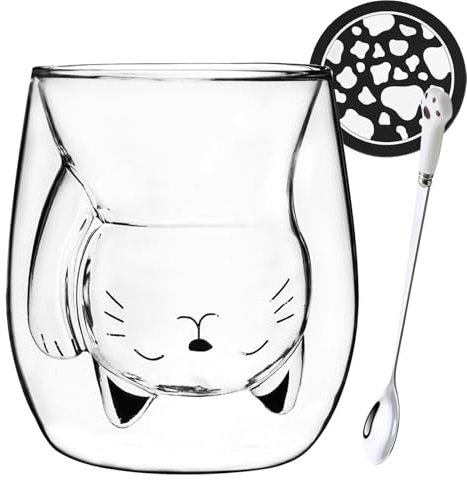 Arawat Katzen Tasse Glas Geschenk für Frauen Kaffeebecher Doppelwandige Gläser mit Henkel Katze Tassen Gläser Teetasse Espressotassen Katze Trinkgläser Kaffeetasse mit Löffel & Untersetzer