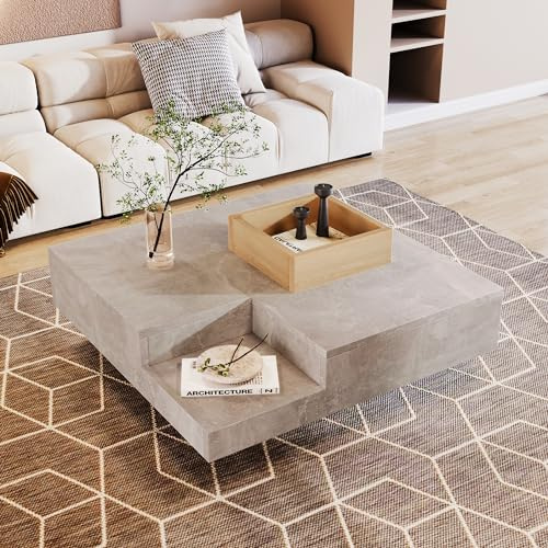 Physport Coffee table, living room table, side table with removable storage box, concrete gray and wood color, sturdySolid construction, Move with ease, 72 * 72 * 30 cm