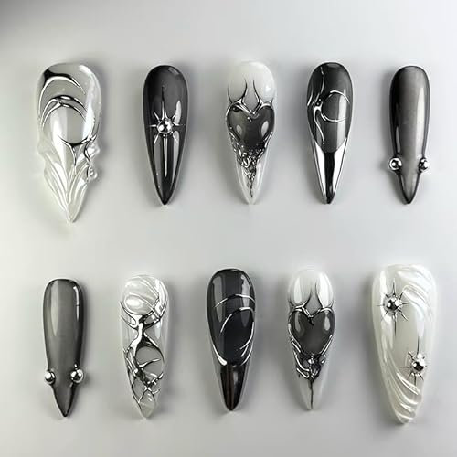 MouyouGlow Press on Nails Short Kurz,Almond Schwarz Silber French 3D Herz Wavy Chrome Cat Eye Sterne Magnetic Gothic Hallowee Fake Nails mit Nagelkleber,Silver Tips Black Künstliche Fingernägel