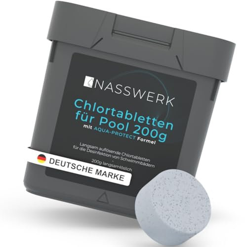 NASSWERK Langzeit Chlortabletten für Pool 200g (1kg bis 10kg) | Chlortabs 200g langsamlöslich zur Langzeitpflege | Chlor Tabletten Pool zur Desinfektion & Pflege | Clor Poolpflege Langzeittabletten
