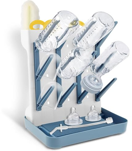 GWCYMYD Baby Bottle Drying Rack, Vertical Bottle Drying Rack with Removable Drip Tray, Space Saving Drainer Rack for Baby Bottles and Pump Part Cleaning (Blue)
