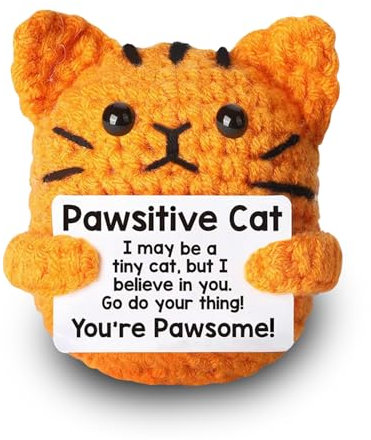 SPERMUOY Positive Katze Geschenke,Gehäkelte Kuscheltiere Katzen Handgemachte Häkel Puppe,Glücksbringer und Taschenumarmung, Emotional Support Geschenk, Mutmacher Geschenk für Geburtstag