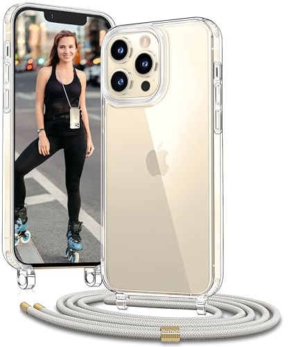 Vaykwo Handykette für iPhone 13 Pro Hülle mit Band, Beige | Necklace Handyhülle, Transparente Case zum Umhängen, Verstellbar und Abnehmbar