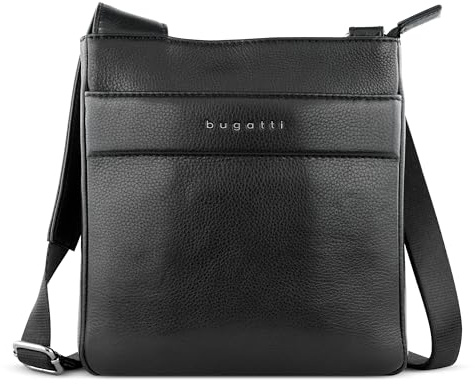 bugatti Nome Herren-Schultertasche aus Leder, Umhängetasche klein mit Reißverschluss, schwarz