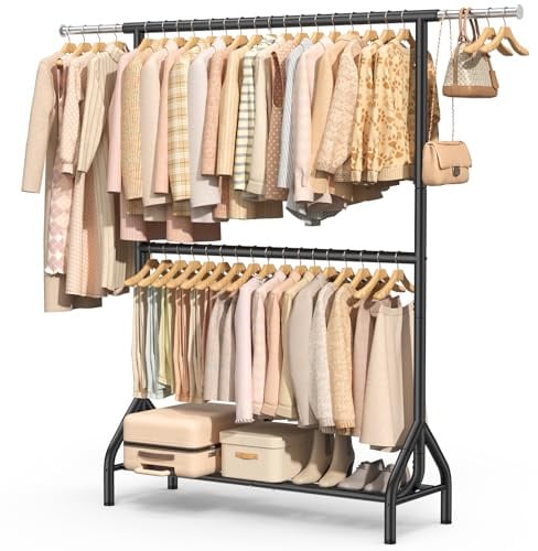 EAGMAK Double Clothes Rail Heavy Duty Load 280 KG, with Shelves, Black | 210 cm high(6ft 11in), Dual hanging rods, Storage shelf, For bedroom and shop display, Suitable for long dress and overcoats