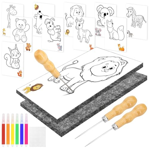 ZYNERY Prickelnadel Set Kinder ab 3, Prickelset Kinder mit 10 Stickbilder 2 Prickelfilz 2 Prickelnadeln 6 Aquarellstifte und 1 Klebeaufkleber Elterliche Aufsicht Erforderlich