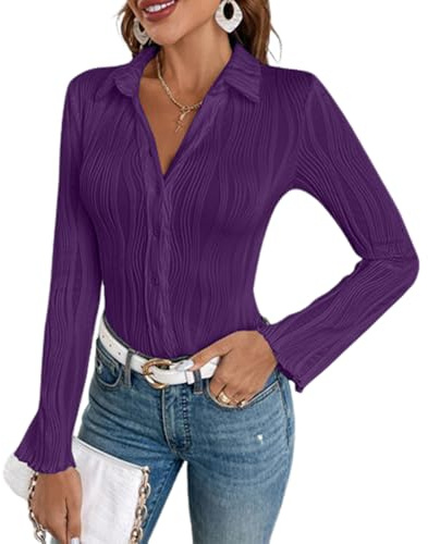 Oanviso Camicia Plissettata Donna Manica Lunga Curvy Elegante Cerimonia Camice Avvitata Casacca Slim Fit Camicetta Blusa Aderente Chemisier Estiva Tessuto Morbido