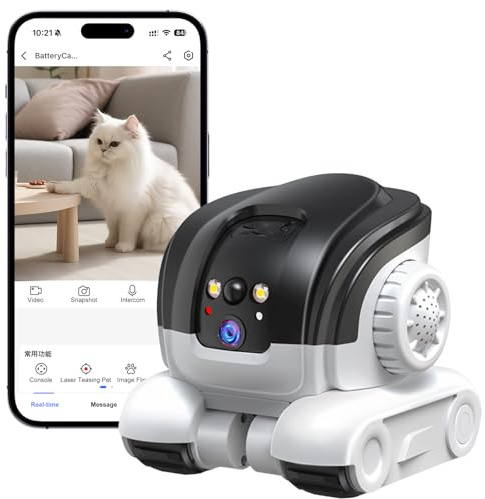 HUAJUN Robot Camera, 1080P Duales Cámara Robot para Mascotas con Audio 2 vías, Visión Nocturna, Reconocimiento de Movimiento, Grabación de vídeo, Control de Aplicaciones para Gatos, Perros, Bebé