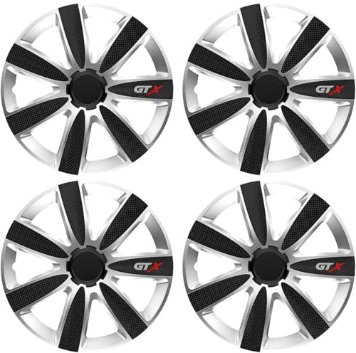 Shield Autocare Car Wheel Trims | Set of 4 Hub Caps Universal Fit Cover Protectors (GTX, Black & Silver, 14 Inch)