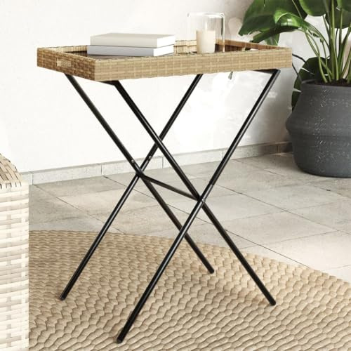 Owoxanthellate Klapptisch Beige 65x40x75 cm aus Poly Rattan klappbarer Gartentisch mit abnehmbarem Tablett platzsparend wetterfest für Balkon Terrasse Camping