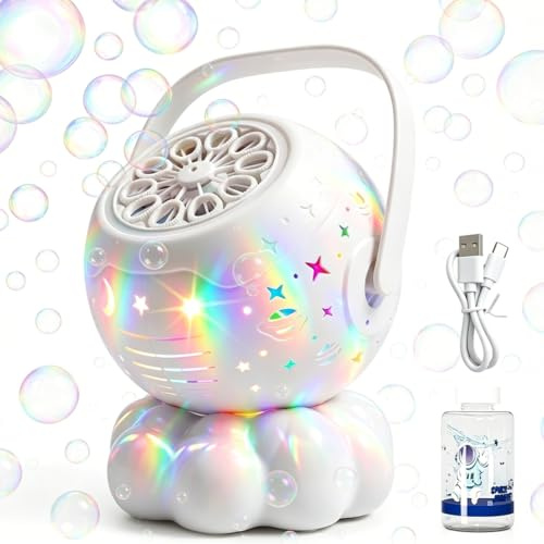 Machine Bulles pour Enfant Design Nuage Étoilé avec LED, Pistolet à Bulles Automatique, Machine à Bulles Rechargeable avec Poignée de Transport Intégrée, Pistolet à Bulles pour Enfant,Bubble Go Cadeau