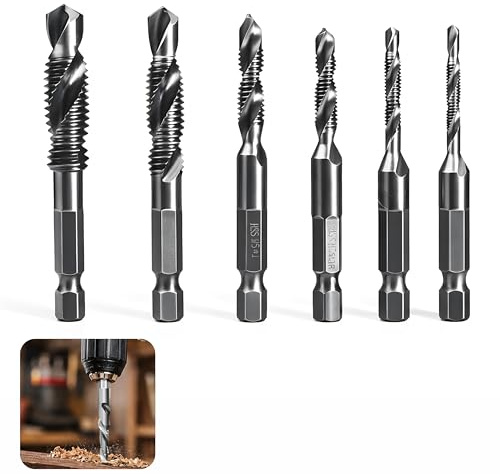 Set 6 Piezas Brocas Combinadas HSS–Macho de roscar M3-M10, Brocas para metal Madera Plástico, Brocas pared Reparación Roscas, Vástago Hexagonal Cambio Rápido, Acero Alta Velocidad