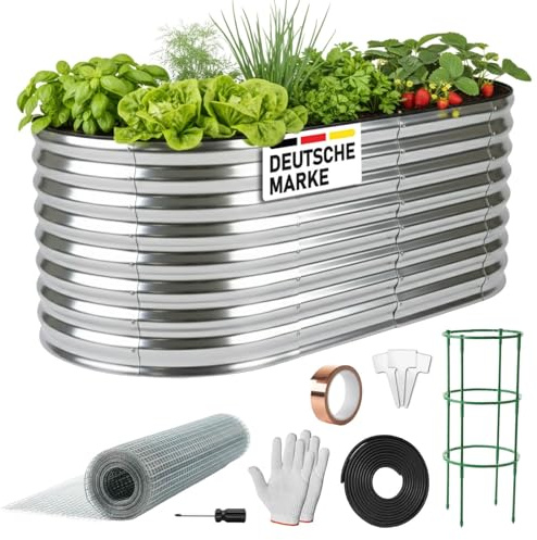 BRAST Hochbeet Metall Julia | 160x80x80-400x80x80cm | viele Modelle | extra viel Zubehör | Stahl rostfrei & verzinkt | wetterfest ovale Form | für Gemüse Obst Kräuter & Blumen | 160x80x80cm Silber