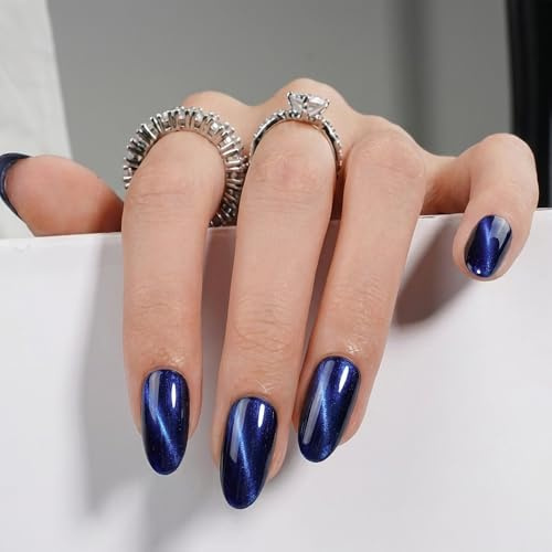 NXYCCHIC 30Pcs Almond Press on Nails Medium Fake Nails with 3D Cat Eye Glossy Reusable Artificial in 15 Size French Tip Design Cute Full Cover Stick on Nails for Women Dark Blue