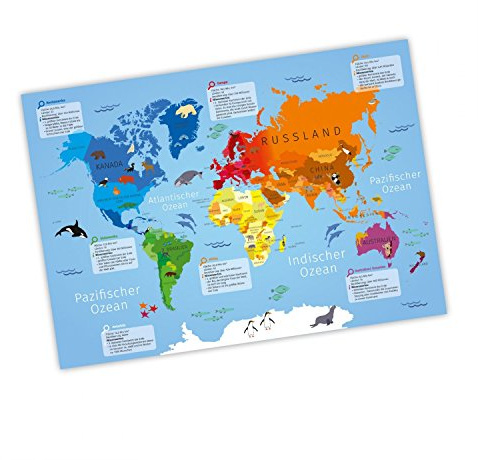 nikima - Kinder Lernposter Weltkarte - Plakat für Kindergarten Schule Schulanfang Schuleintritt Einschulung Kinderzimmer Deko Wandbild - Größe DIN A2-594 x 420 mm