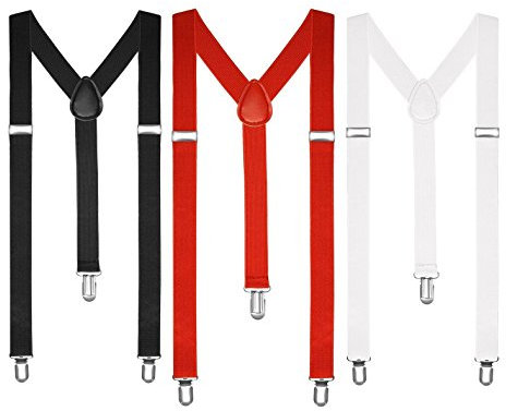 Boolavard Hosenträger Herren Damen Hosen Träger Y Form Style Clips Schmal Neon Bunt Farbig (1 x Schwarz, 1 x Weiß, 1 x Rot)