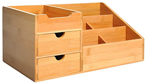 HOMCOM Organizador de Escritorio de Bambú Organizador de Mesa con 2 Cajones 6 Compartimentos y Estante para Oficina Hogar 33x20,5x15,5 cm Natural
