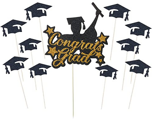 SUNBEAUTY Graduation Kuchen Dekoration 11 Stück 2025 Abschluss Tortendeko Schwarz Gold Graduation 2025 Cupcake Toppers Abschlussfeier für Abschluss Bachelor Hut Deko Abitur 2025 Deko