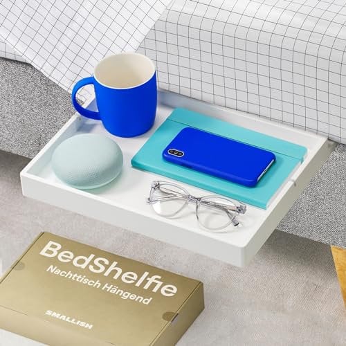 BedShelfie Nachttischregal für Etagenbett und oberes Etagenbett, Essentials für Studentenwohnheimzimmer, Hochbett-Nachttisch-Organizer zum Anklipsen, Nachttisch-Tablett – weiße Holzrutsche