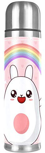 Kawaii Rabbit Rainbow Botella de agua a prueba de fugas, acero inoxidable, termo aislado para bebidas frías y calientes, 500 ml, para oficina, escuela, viajes