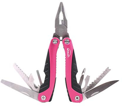 Apollo Tools Alicates multiherramienta de bolsillo de acero 14 en 1, docenas de usos para la vida cotidiana, reparaciones, supervivencia, al aire libre, camping, pesca, cinta rosa, DT5015P
