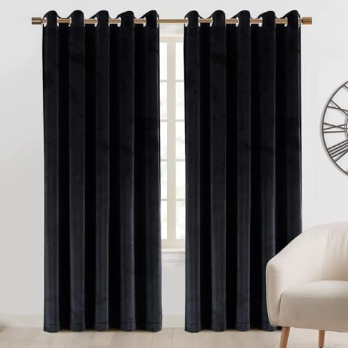 Imperial Rooms Crushed Velvet Curtains for Bedroom Black 46 x 54 Inch Drop Fully Lined Eyelet Curtains Blackout Window Curtain, Pair Panels with 2 Tie Backs (116cm x 137cm)