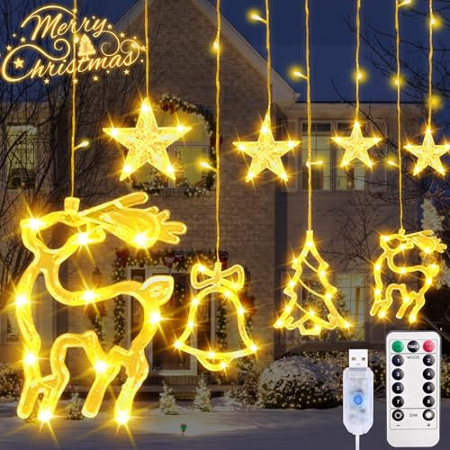 Tenda Luminosa Natale, 2.5M Luci Natale Stelle Tenda Catena Luminosa 138 LED Luci di Natale con Stelle Reindeer Abete Campana, 8 Modalità Luminosa Natalizia per Natale Albero Nozze Giardino Decora