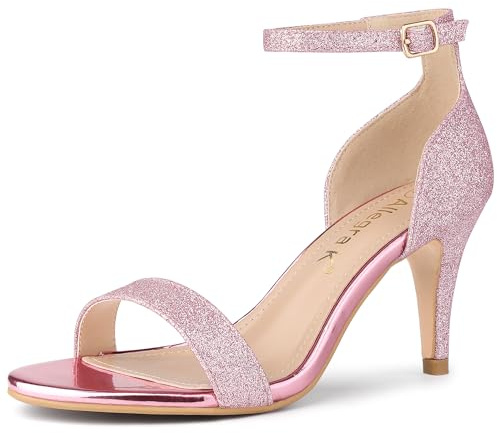 Allegra K Damen Glitzer Sandalen mit Knöchelriemen Stilettoabsatz | 3 1/7 Zoll Glitzerabsätze Offene Zehen Bequemer Absatz für Hochzeit Elegante Sommerschuhe