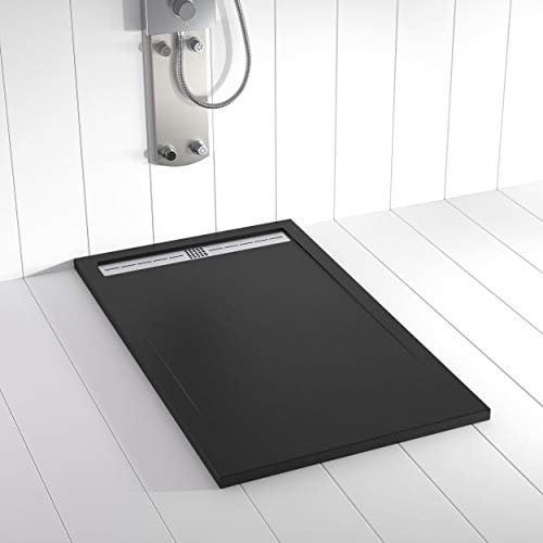 Shower Online Plato de ducha Resina FLOW - 70x100 - Textura Pizarra - Antideslizante - Todas las medidas disponibles - Incluye Rejilla Inox y Sifón - Negro RAL 9005