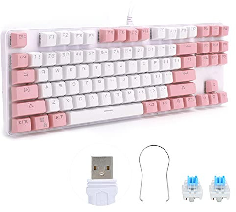 PUSOKEI Mechanical Gaming Keyboard 87 Keys Ergonomic E-Sports Keyboard Wired USB Gamer Keyboard for PC Gaming Laptop Computer(White Pink)