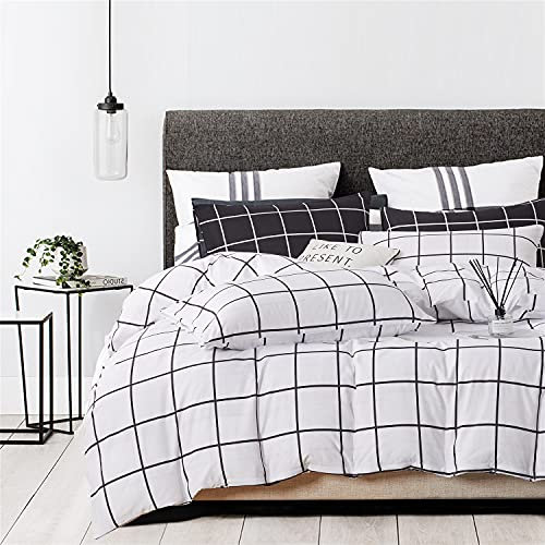 Gezu Housse de Couette 240x260cm a Carreaux Noir et Blanc Parure de Lit 2 Personnes avec 2 Taie d'oreiller 65x65cm avec Fermeture Éclair Microfibre Sets de Housse de Couette