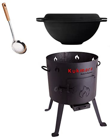 Utschak - Juego de cazán de hierro fundido de 36 cm + 8 litros de kasan con tapa de sartén y cuchara de espuma, cocina de campo, caldera de gulash, horno de fuego y horno al aire libre
