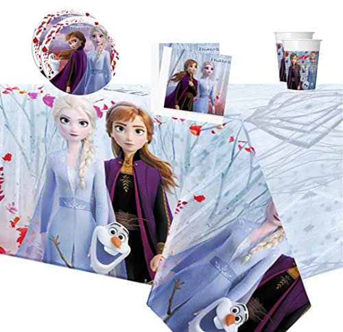 Lage Ensemble de Vaisselle La Reine des Neiges II, Kit Décoration Frozen 2 pour Fêtes d’Anniversaire à Thème avec 16 Assiettes, 16 Gobelets, 20 Serviettes, 1 Nappe – Couverts jetables pour 16 Invités