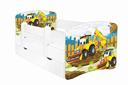 AS-TOR Kinderbett Jugendbett Hugo 70x140cm mit Matratze, Schublade und Abnehmbarem Geländer - Bett Schlafzimmer Kindermöbel Kinderbetten für Mädchen und Junge, Massivholz, Solide und Sicher - Bagger